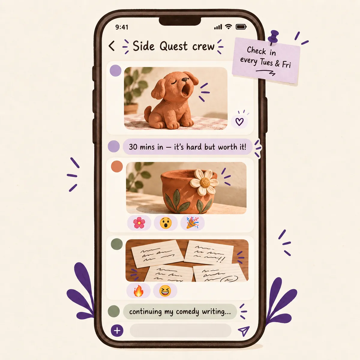 A phone showing the Side Quest crew chat: a clay puppy, a clay pot with a flower and comedy writing cards, with emoji reactions.