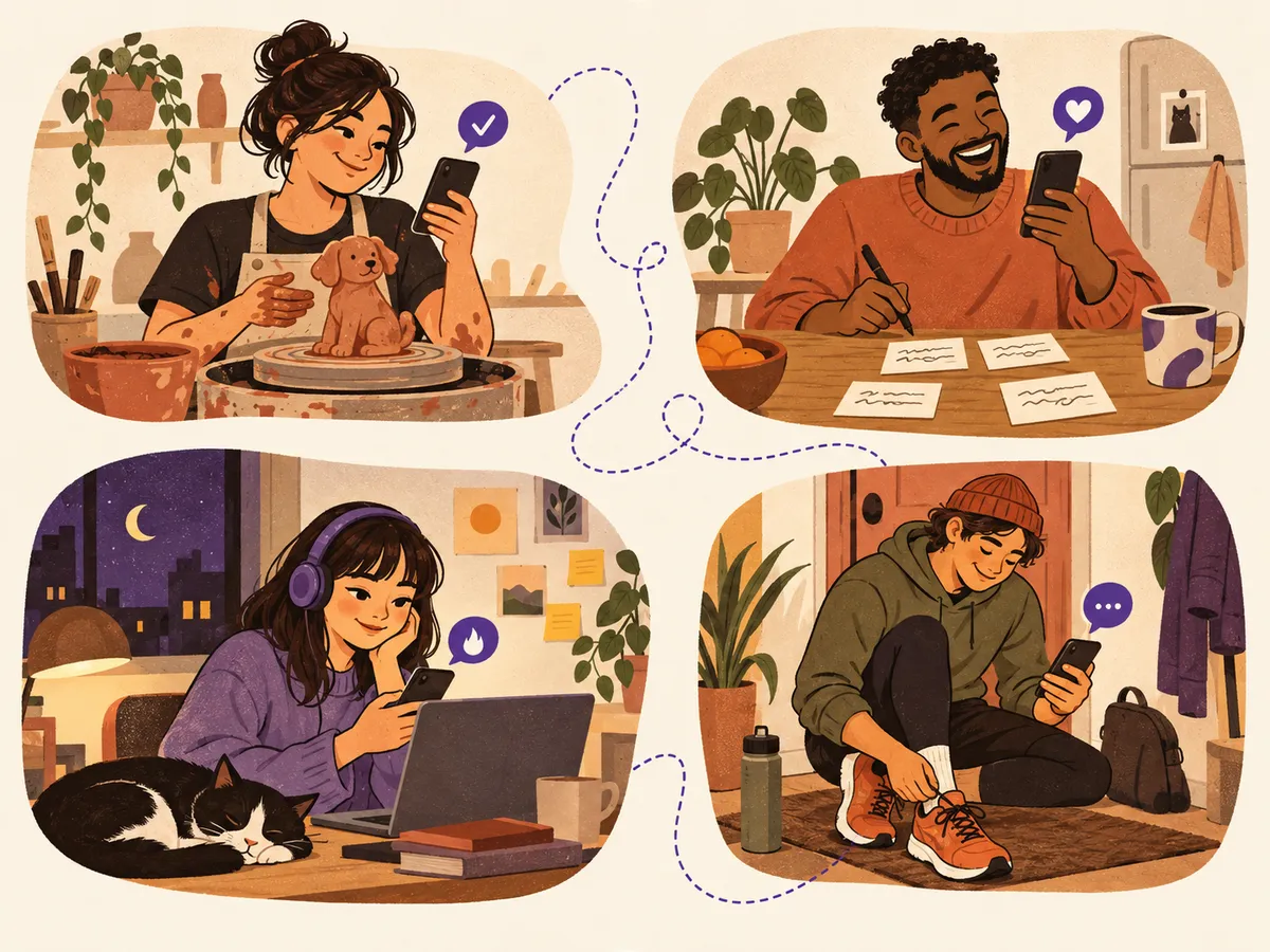 Four people in their own spaces, a potter, a writer, someone on a laptop and a runner, each checking their phone, joined by a dotted thread.