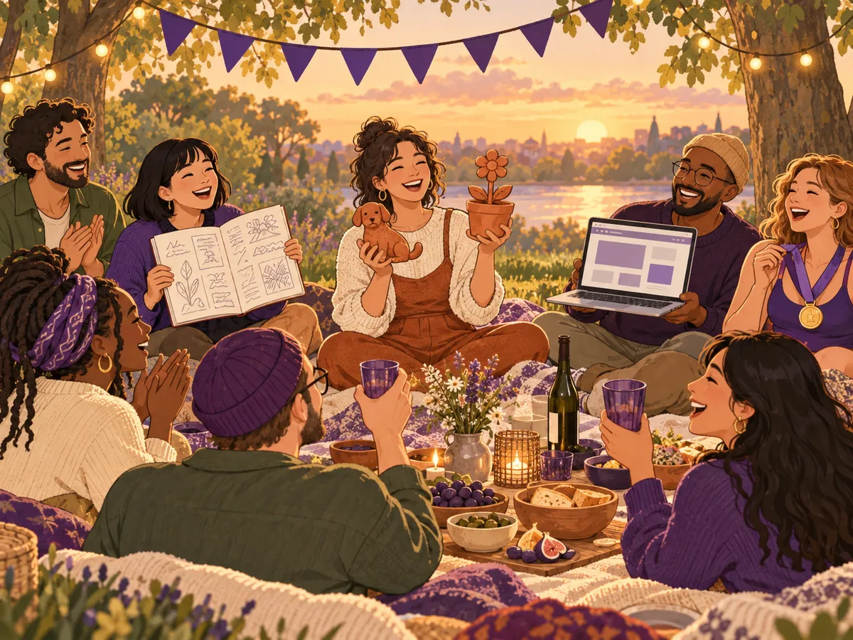 A golden-hour picnic under bunting, people showing off their projects, a clay puppy, a sketchbook, a website and a race medal, and raising glasses.