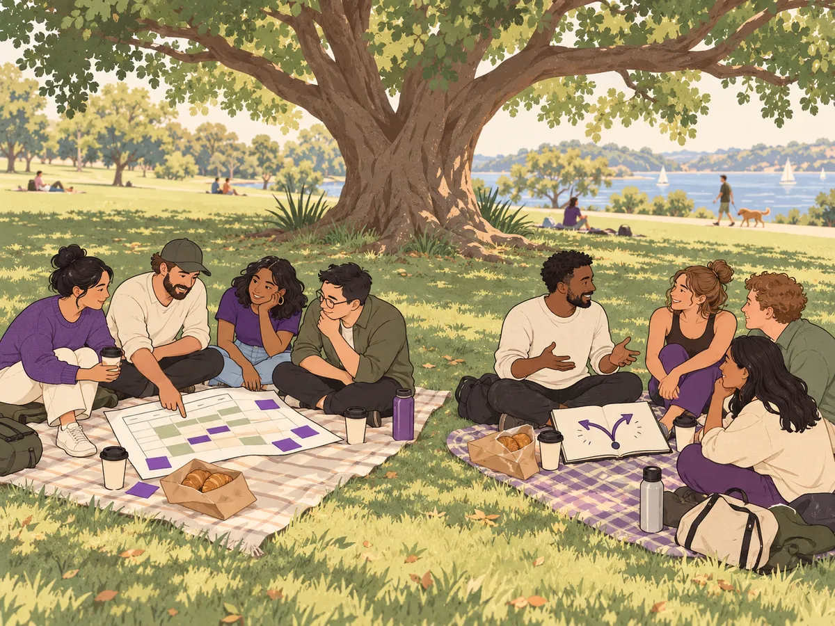 Two crews of four on picnic blankets under a big tree in a park, one doing a time audit on a big calendar, the other mapping out a decision.